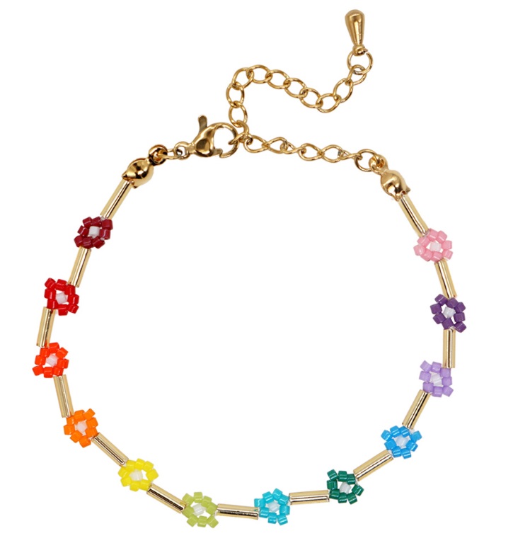 A close-up of the Beaded Flower Bracelet (JRH-046) showcasing its rainbow-colored flower beads and elegant gold-toned chain with a lobster clasp.