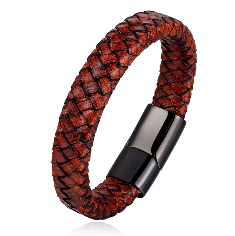 A stylish men's wide leather bracelet in red-brown, featuring a woven design and a secure black stainless steel clasp.