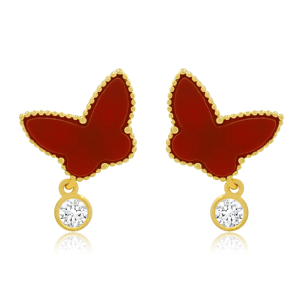 A pair of Red Butterfly Drop Dangle Piercing earrings, showcasing the vibrant red enamel, gold-plated brass trim, and sparkling cubic zirconia drop stones.