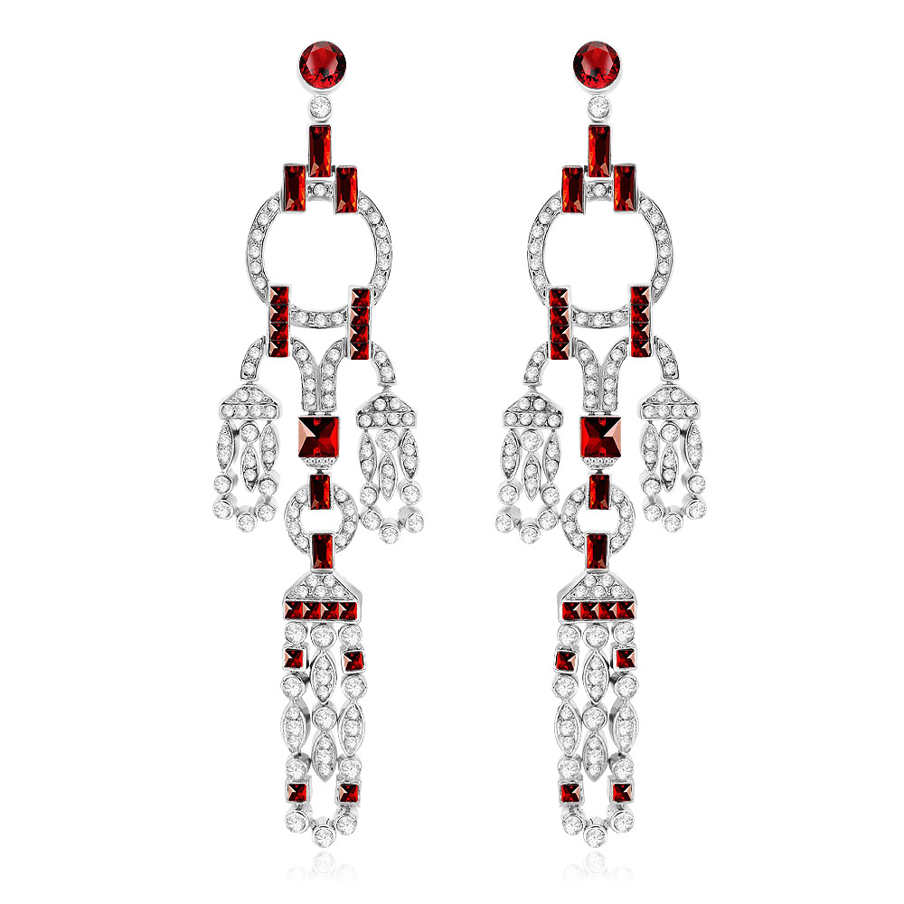 A pair of vintage-style extra long zirconia earrings (JRE-039) made of rhodium-plated silver metal, featuring an intricate Art Deco design with brilliant red and clear cubic zirconia gemstones.