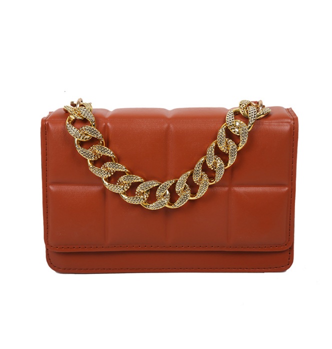 Front view of the Elegant Designer Crystal Chain Handbag in reddish-brown PU leather, highlighting its polished gold chain strap.