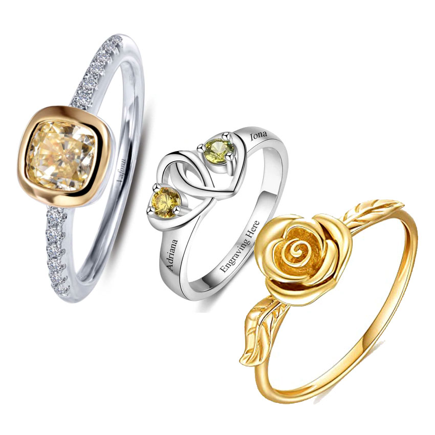 A collection of custom-designed jewelry rings by JR Fashion Accessories, showcasing various styles with gemstones and engravings.