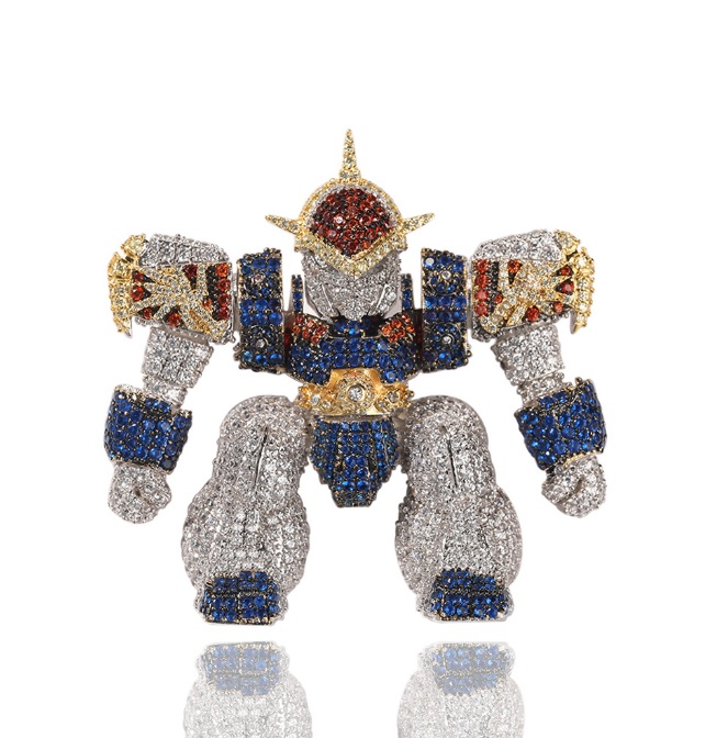 A detailed custom robot hip hop necklace pendant, intricately crafted with precious metals and sparkling gemstones, showcasing expert jewelry manufacturing.