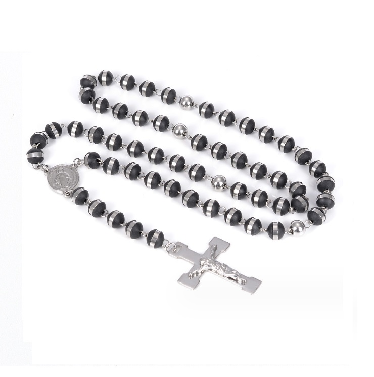 Beaded Cross Long Necklace For Man, featuring a silver crucifix rosary with black beads and silver accents.