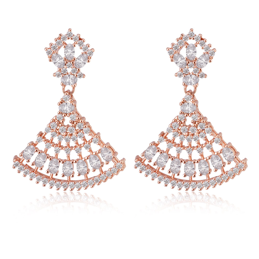 A pair of Sweet Rose Fan Drops earrings, featuring a fan-shaped design in rose-gold plated brass, adorned with sparkling clear cubic zirconia stones.