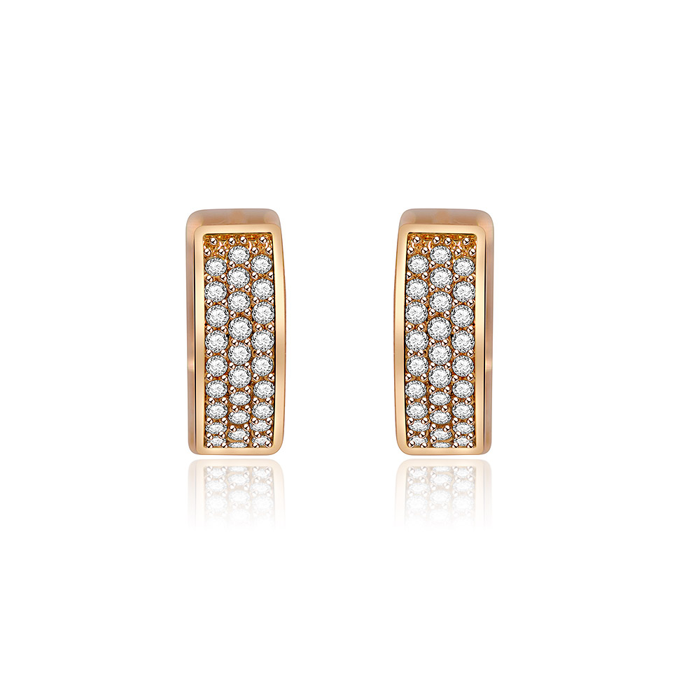 A pair of Wide Pave Set Rose Gold Huggie Earrings, each featuring 15 sparkling cubic zirconia stones in a 3x5 grid.