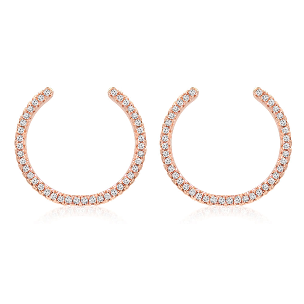 A close-up of the Open Circle Stud Earring in rose gold plating, featuring a delicate open hoop design adorned with sparkling pave-set cubic zirconia stones.