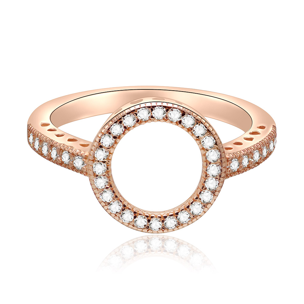 Front view of the Rose Gold Hearts of Halo Clear CZ Ring, showcasing its circular halo design studded with sparkling cubic zirconia stones.