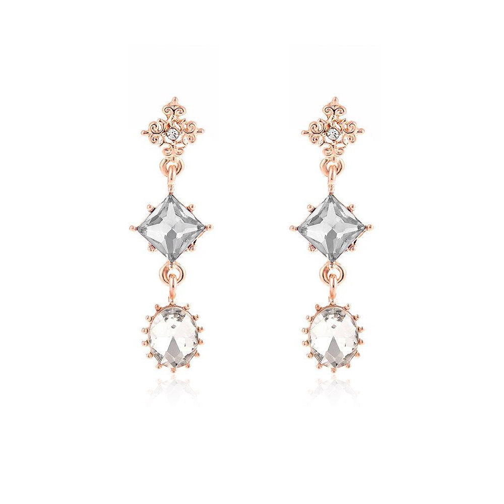 Sparkly Glass Diamond Geometric Dangle Earrings in rose gold, featuring a clear square and round gemstone design.