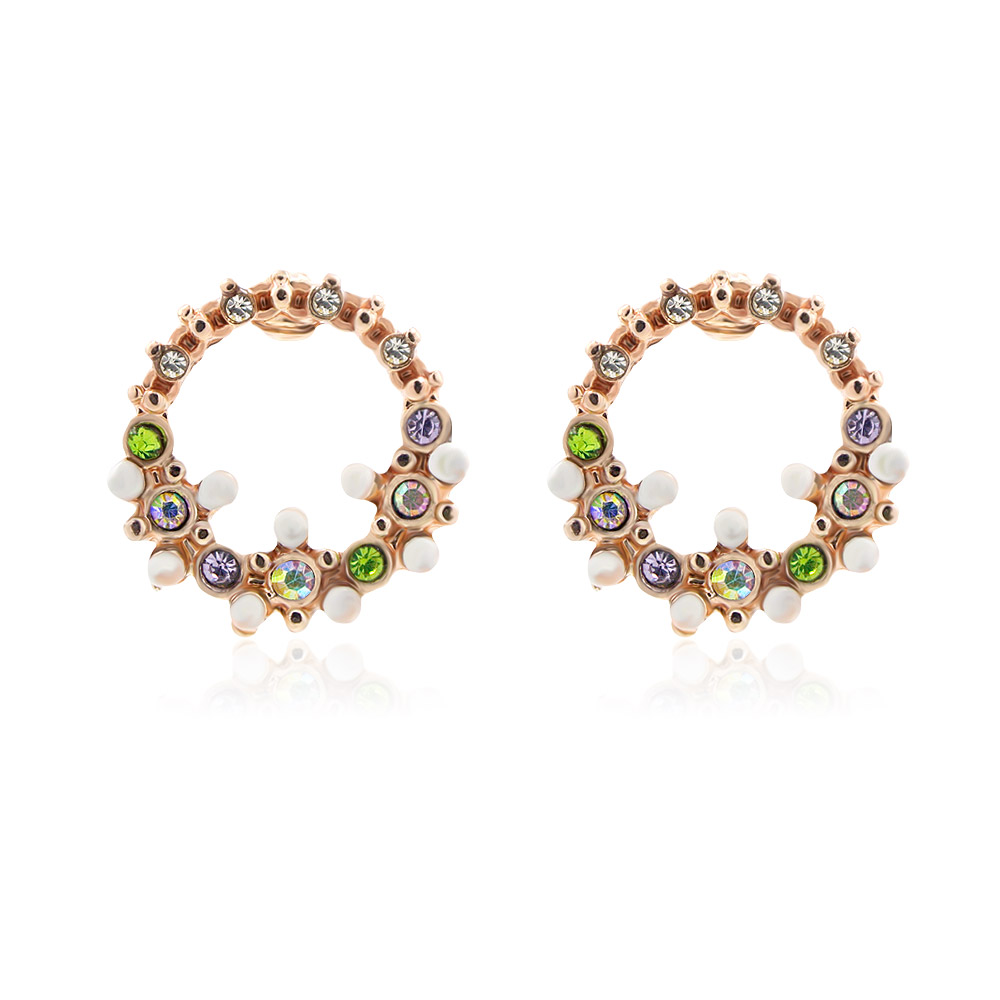 A pair of Pink Rose Gold Enamel Stud Earrings in a circular wreath design, featuring multicolor crystal stones and a hollow center, presented on a clean white background.