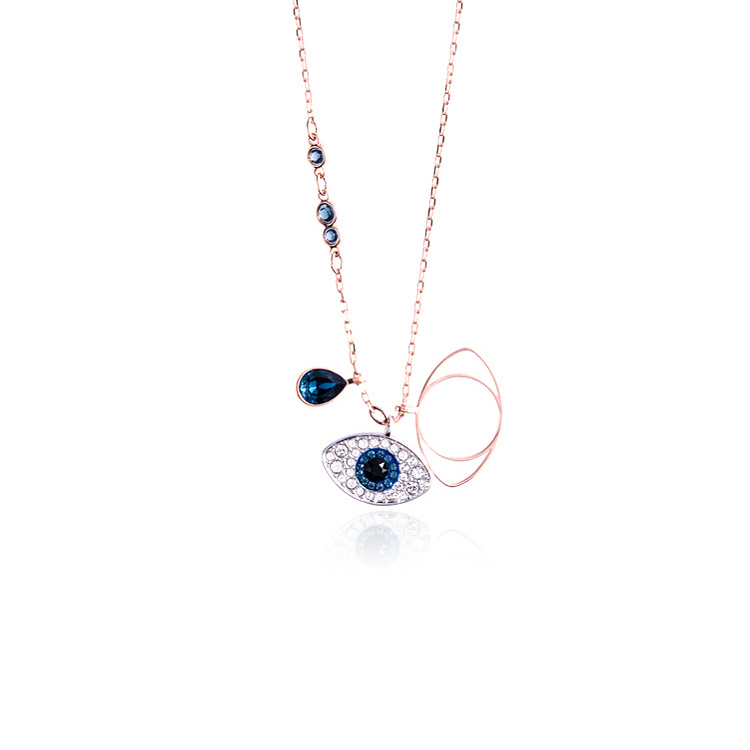Close-up of the Evil Eye Charm Pendant JRN-026 in rose gold, showcasing the intricate blue and clear gemstones on a delicate chain.