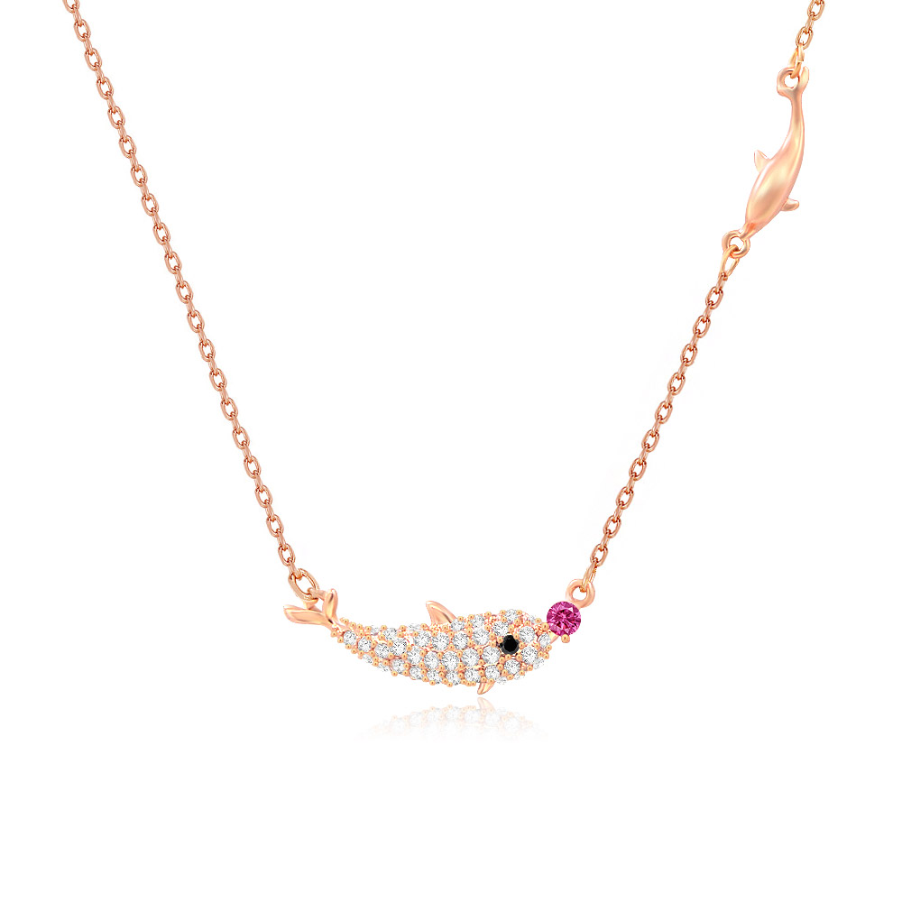 Close-up of the Dolphin Zirconia Necklace, showcasing the detailed rose gold pendant with a sparkling cubic zirconia dolphin and a smaller polished dolphin charm.