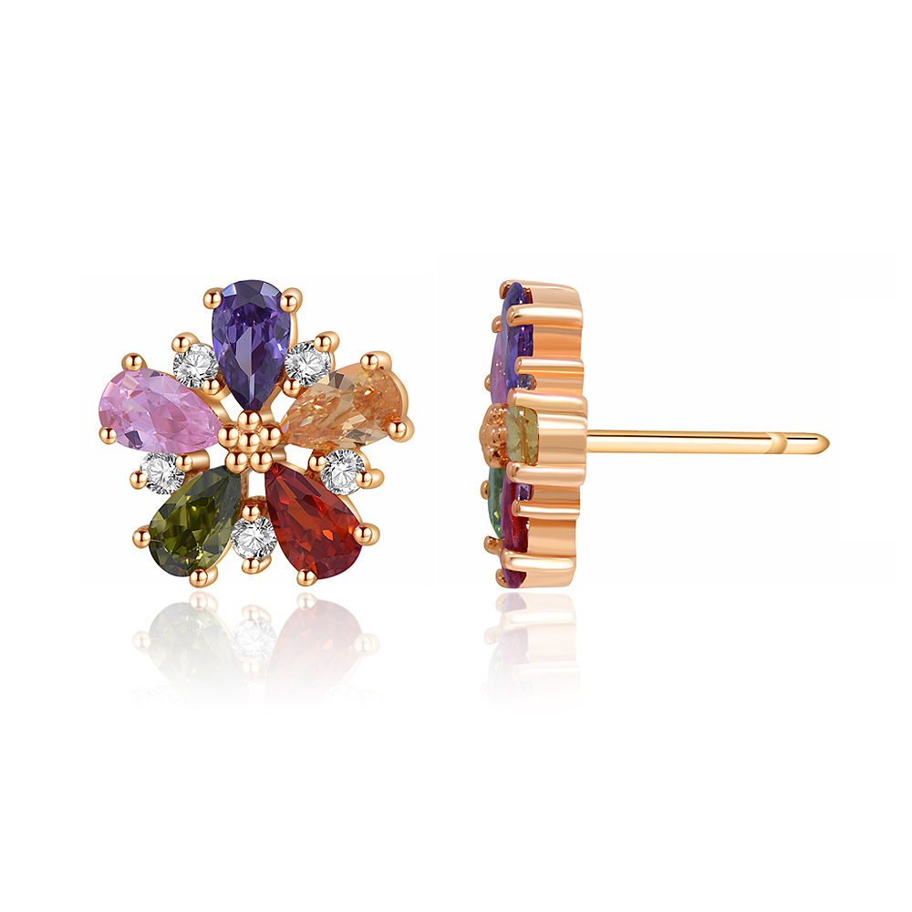 A close-up of the Rose Gold Multi-Col Flower Stud Earring, showcasing its intricate floral design with vibrant, multi-colored cubic zirconia gemstones.