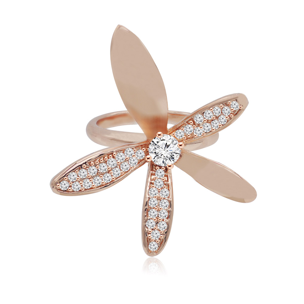 Front view of the Large Daisy Flower Ring, featuring a rose gold band and a daisy design adorned with sparkling white cubic zirconia.