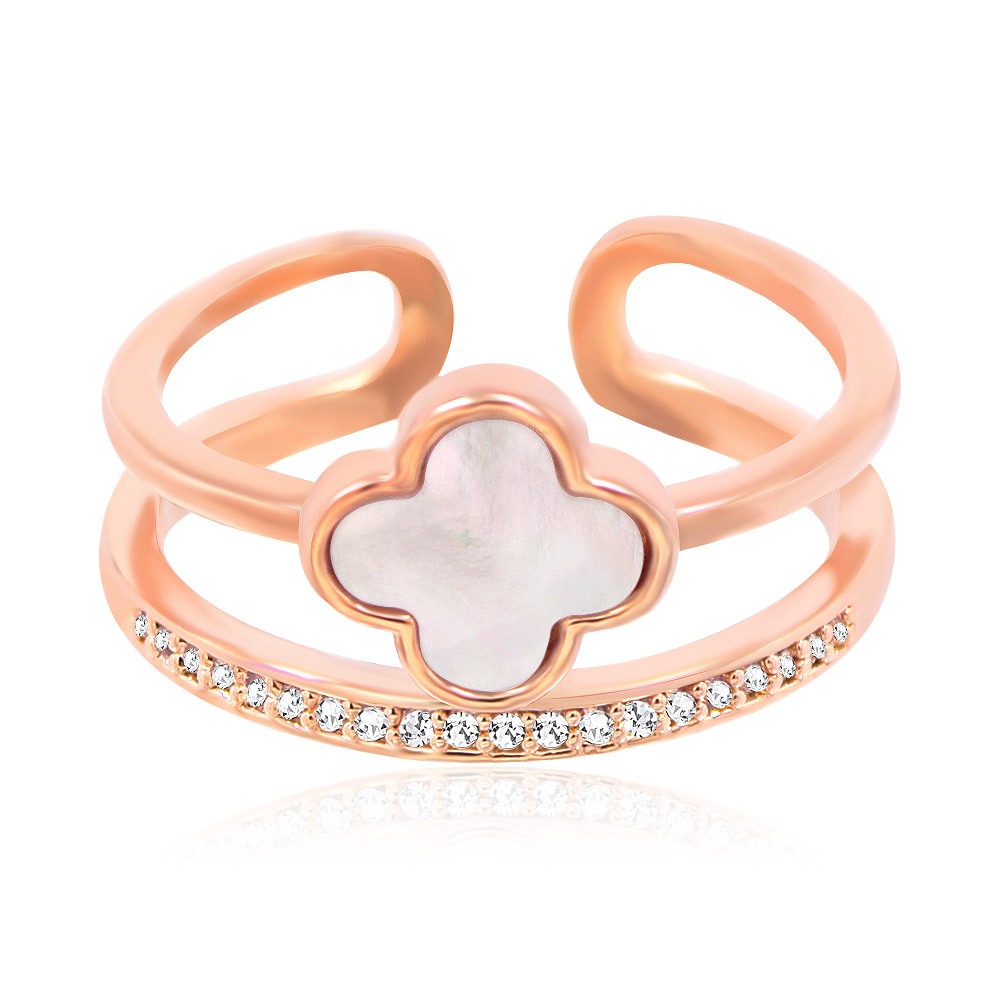 Elegant Leaf Clover MOP Shell CZ Ring in rose gold plating with sparkling cubic zirconia accents.