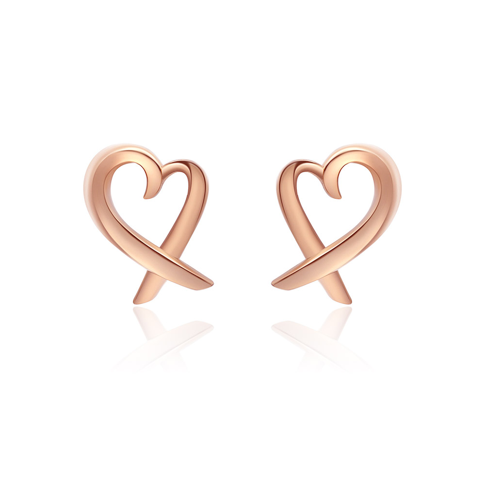 A pair of Rose Gold Open Your Hearts Stud Earrings, featuring a minimalist heart-shaped design with a polished finish, on a white background.