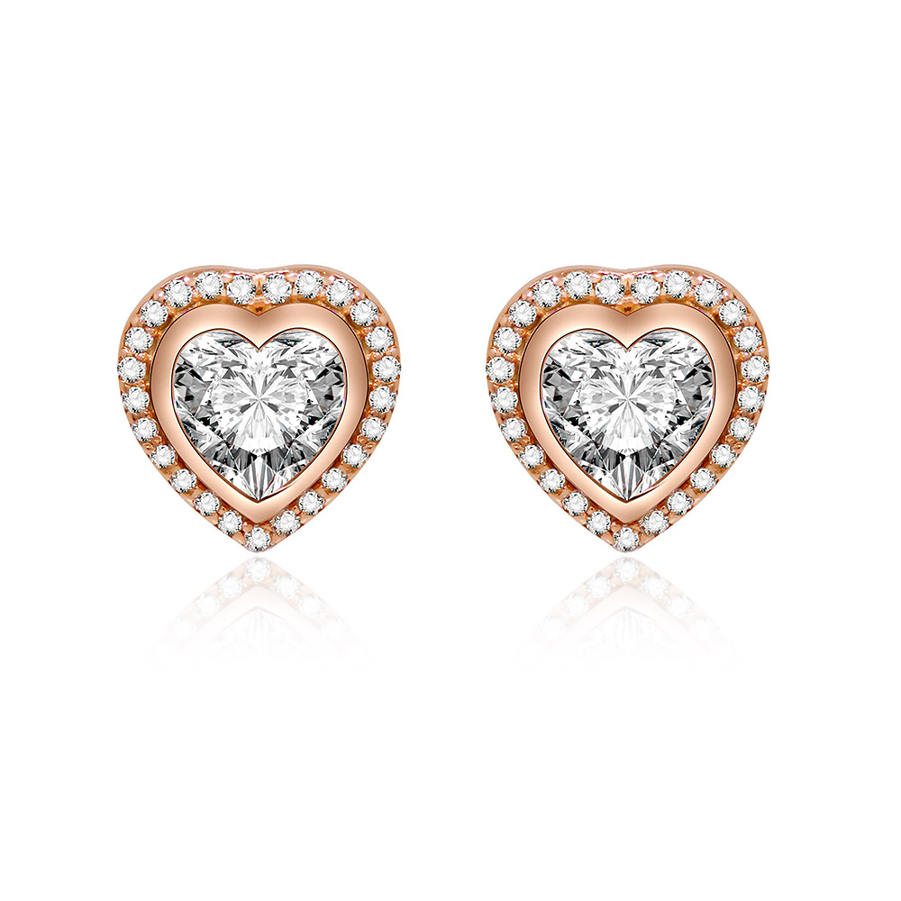 A pair of Rose Gold Heart Ear Studs made from 925 sterling silver, featuring a double-layered heart design encrusted with sparkling white cubic zirconia crystals.