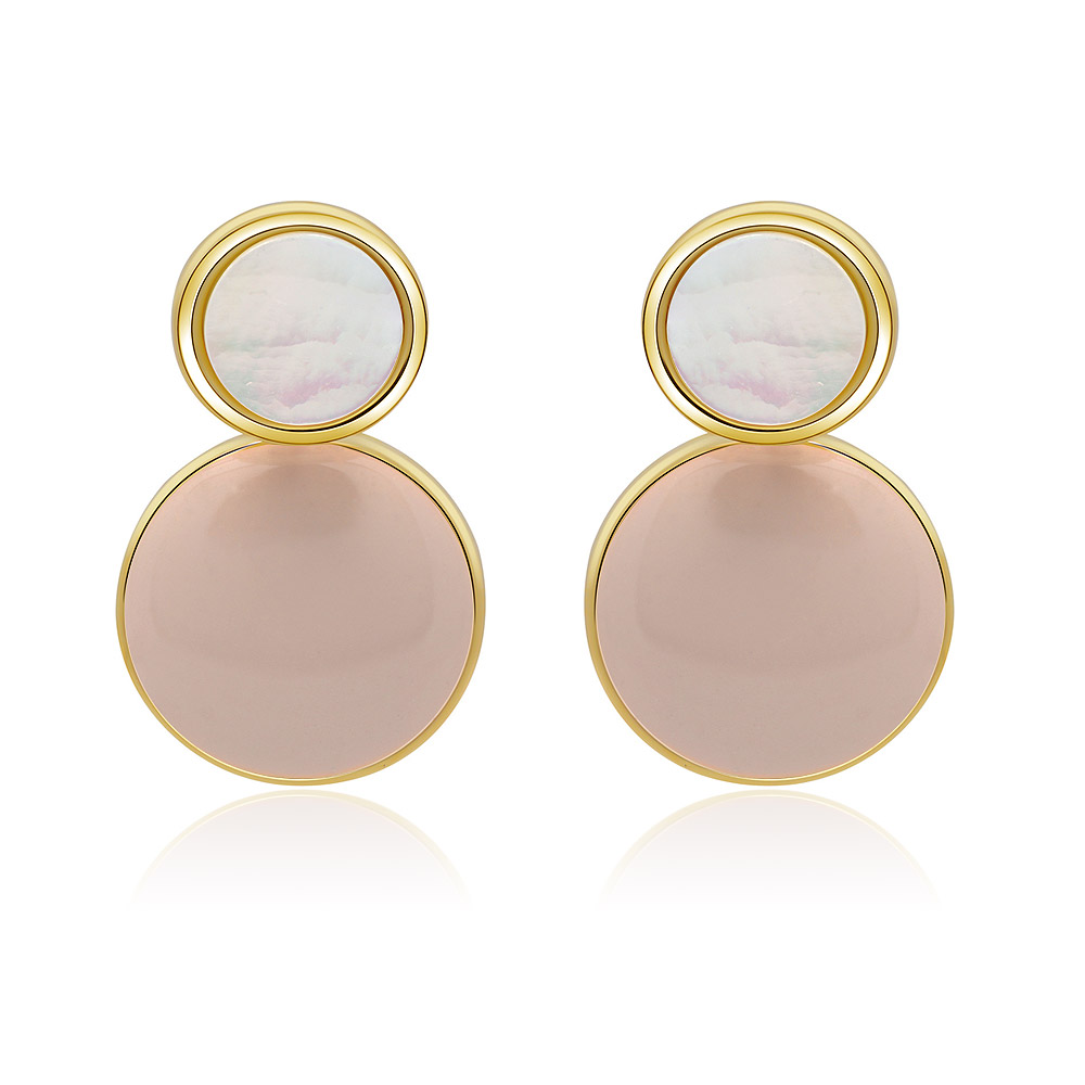 Spring Enamel Shell Round Disc Earrings with a two-layered design, featuring a marbled white seashell top and a rose-gold finish bottom, framed in gold-colored metal.