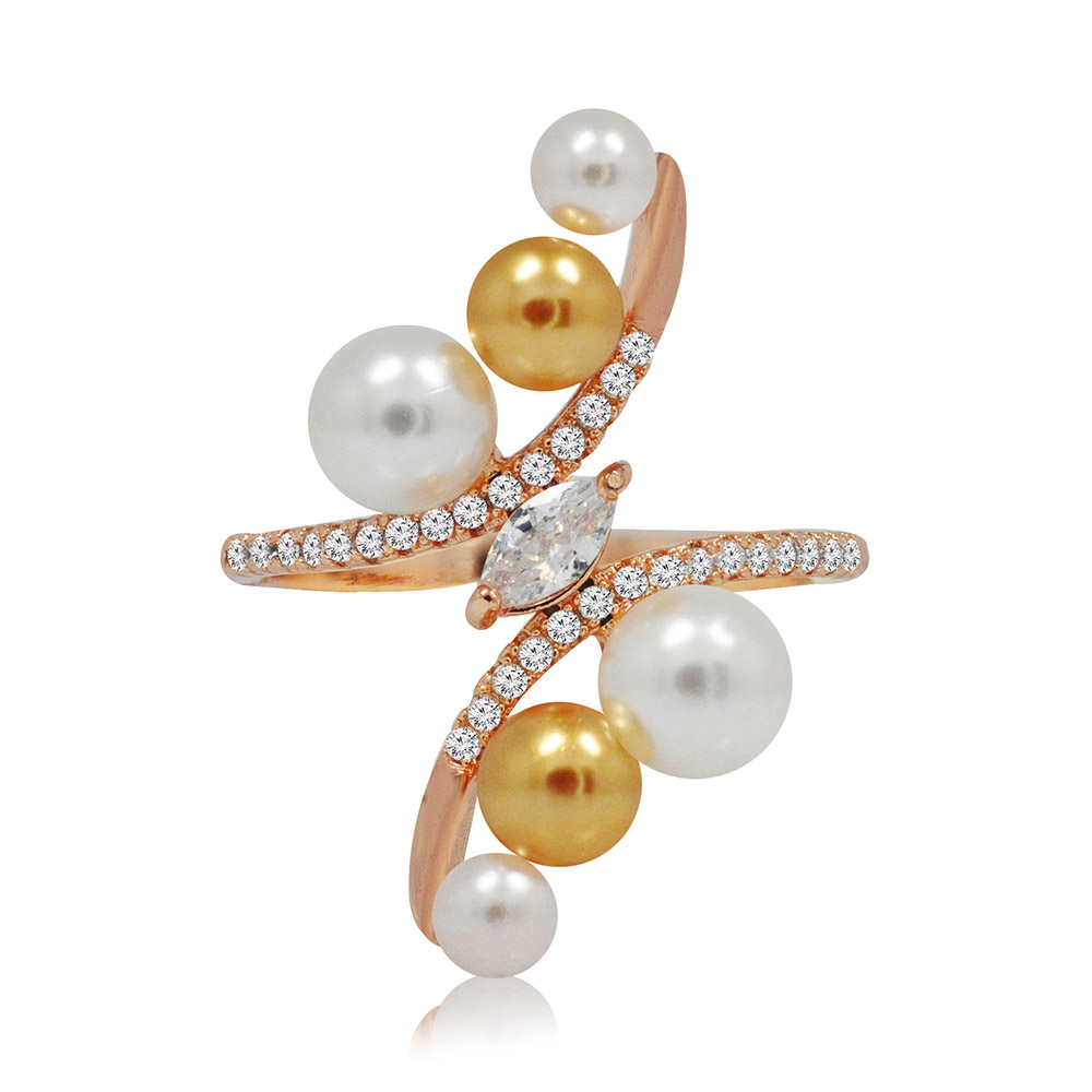 A close-up of the Simple Wave Pearl Fashion Ring, showcasing its elegant rose gold plating, central shell pearl, and sparkling white cubic zirconia stones set in a modern wave design.