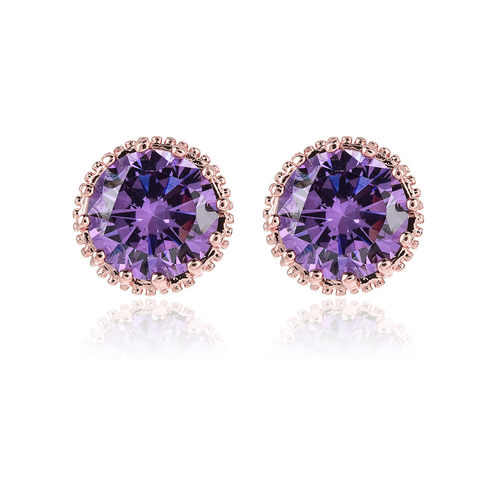 A pair of Solitaire Stud Crown Earrings in rose gold, featuring a sparkling round purple cubic zirconia gemstone set in an elegant crown.