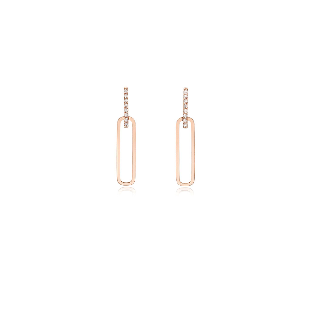 A pair of Rectangle CZ Gold Statement Earrings in rose gold, featuring rectangular loops and sparkling cubic zirconia accents on the top.