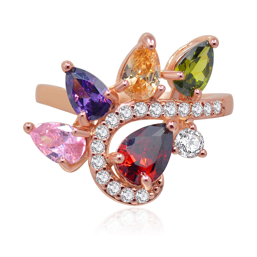 Front view of the Tear Drop Multicolor Cubic Zirconia Ring, showcasing its intricate design with a mix of colored gemstones and diamonds in a rose gold setting.