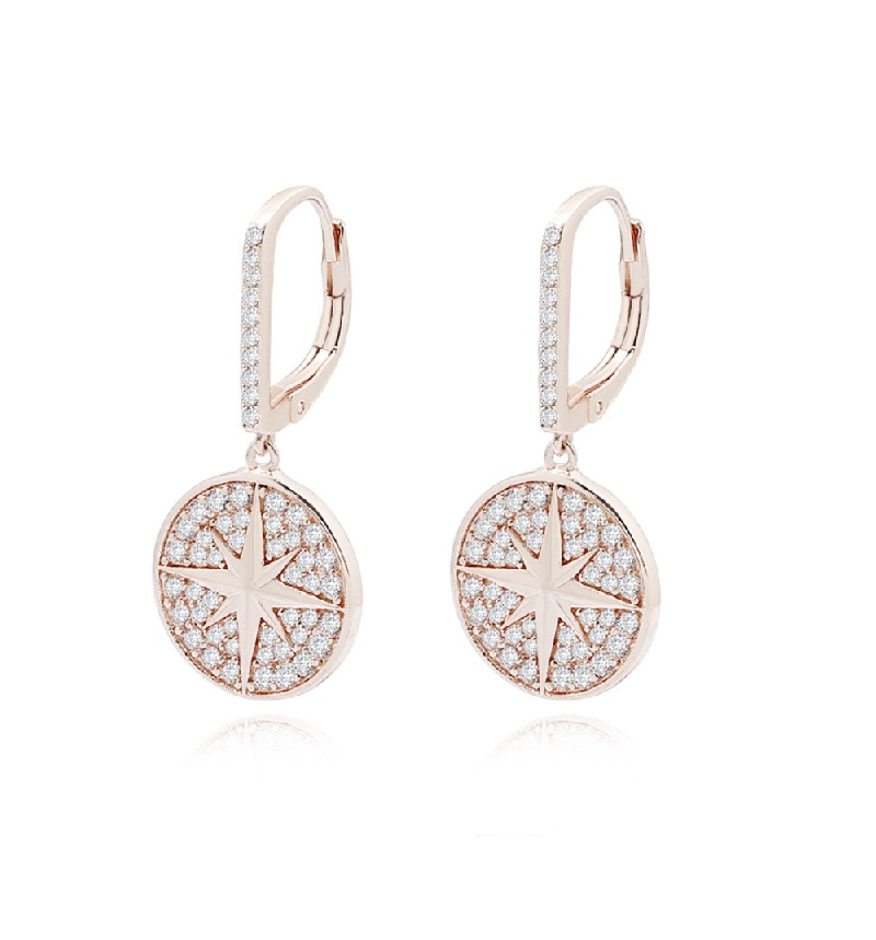 A close-up view of the Sunburst Drop Earring in rose gold, highlighting the intricate starburst design and the brilliance of the white cubic zirconia stones.