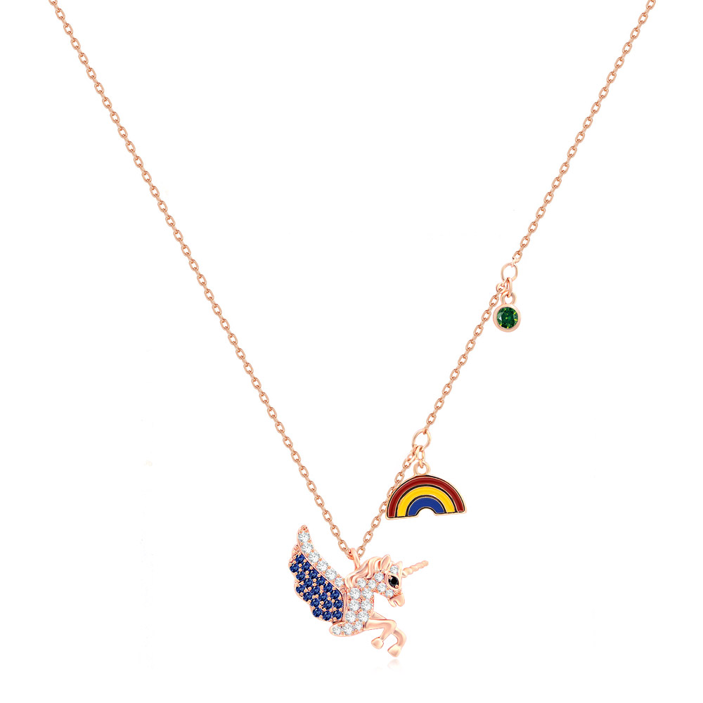 A detailed view of the Flying Unicorn Rainbow Necklace, showcasing the rose gold plated unicorn pendant with a colorful rainbow charm and sparkling cubic zirconia stones.