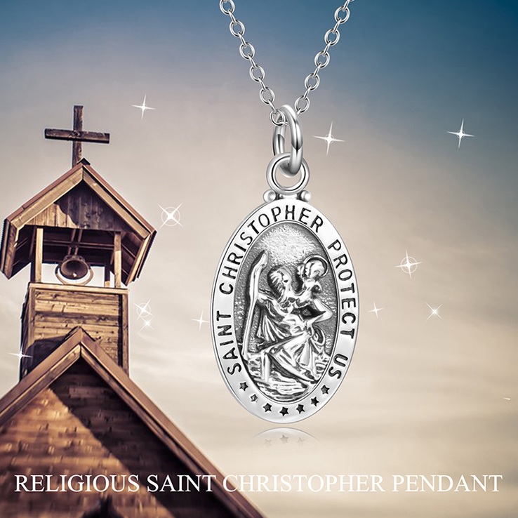 Custom Saint Christopher pendant necklace in sterling silver, a symbol of protection for travelers. Offered by JR Fashion Accessories.