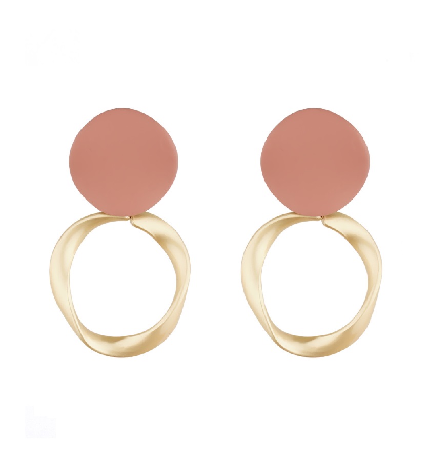 A pair of Pink and Matte Gold Drop Earrings (JRE-107) featuring a modern design with salmon-colored epoxy circles and elegant gold hoops.