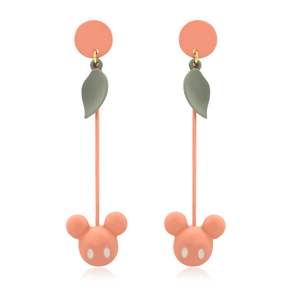 A pair of Disney-inspired dangle earrings featuring a salmon pink Mickey Mouse head charm with olive green accents, crafted from rhodium-plated brass.
