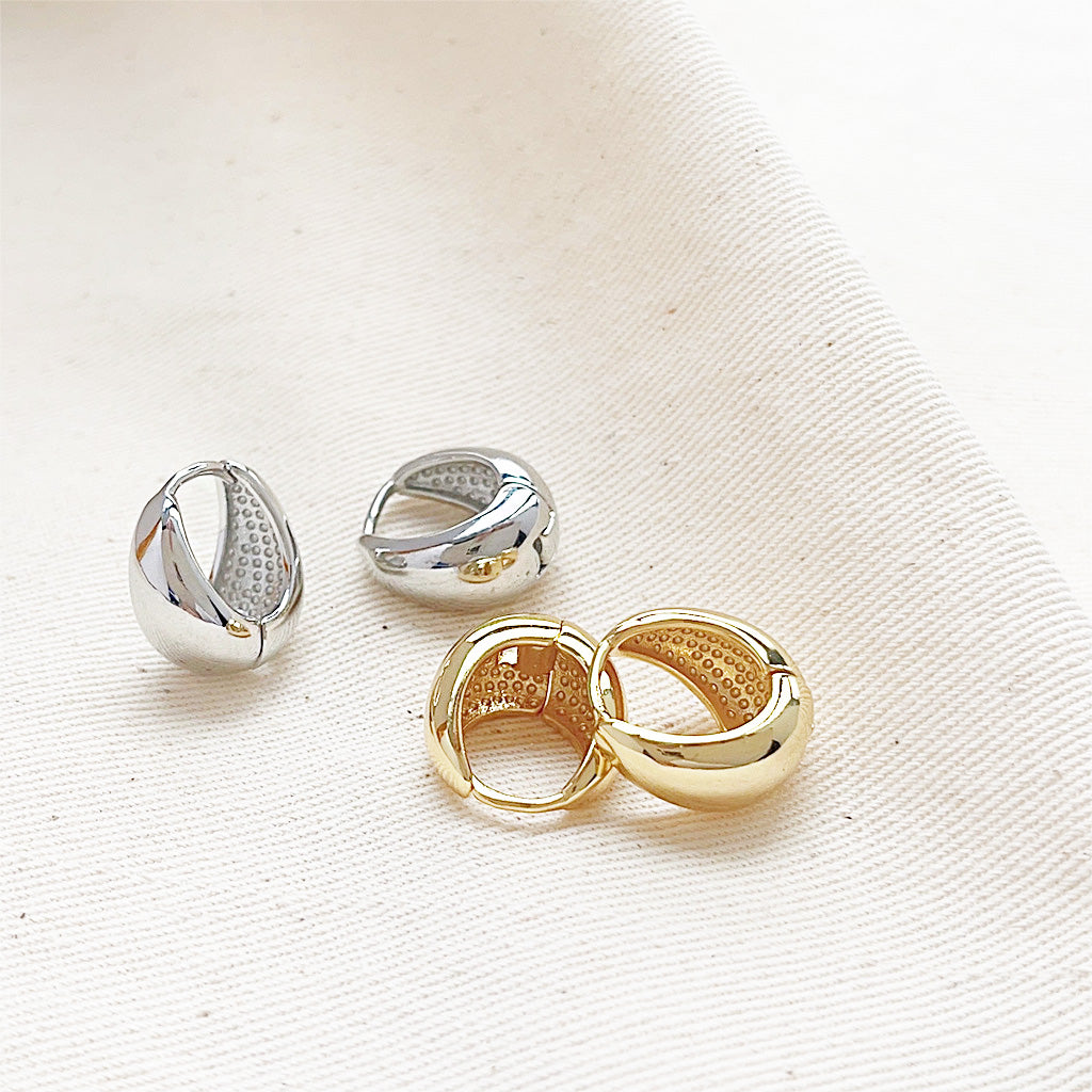 A product shot of the Vintage Circle Teardrop Hoop Earrings, displaying both the gold and silver plated brass options side-by-side on a clean white background.
