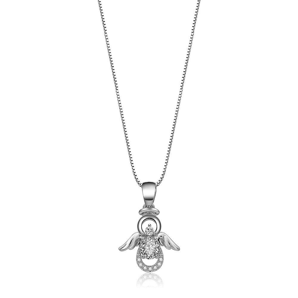 A delicate Guardian Angel Necklace with a silver, angel-shaped pendant on a fine chain, set against a clean white background.