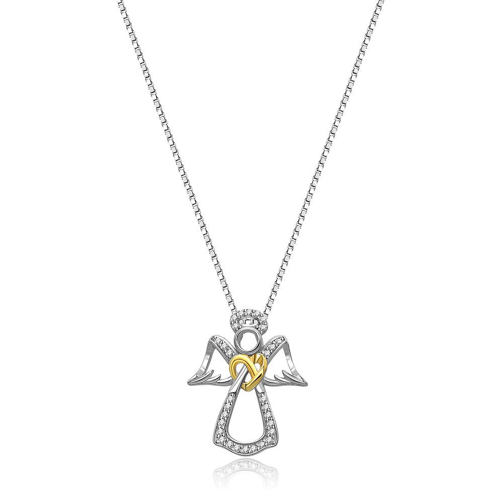 Guardian Angel Blessing Necklace in 925 sterling silver, featuring a two-tone angel pendant with a gold knot detail and sparkling cubic zirconia.