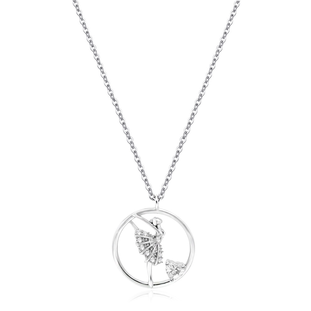 Front view of the rhodium-plated Ballerina Necklace, showcasing the intricate details of the ballet dancer pendant adorned with sparkling cubic zirconia.