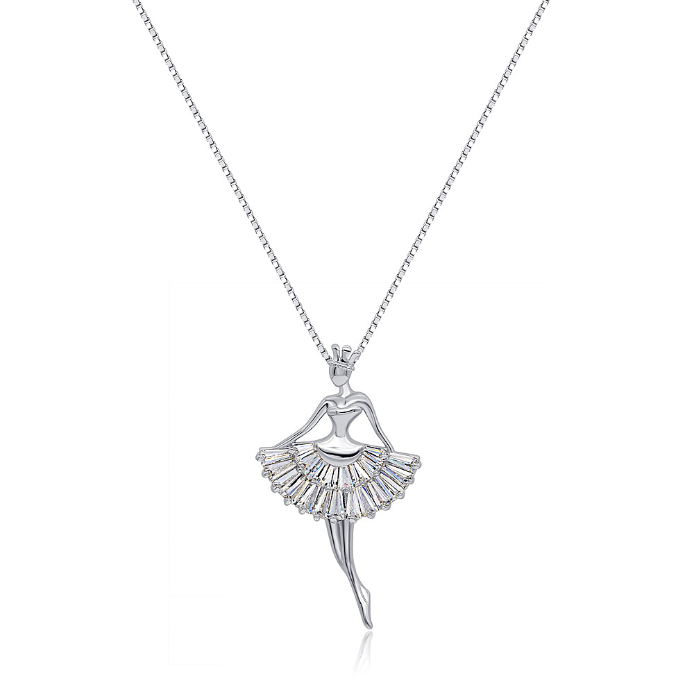 A delicate silver Dancing Ballerina CZ Pendant Necklace displayed on a white background, highlighting its elegant design.