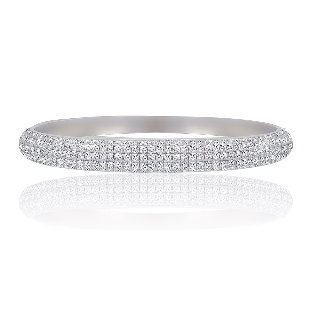 The Brilliant Shine Bangle, a rhodium-plated brass bracelet adorned with numerous pave-set cubic zirconia stones, shown against a white background.
