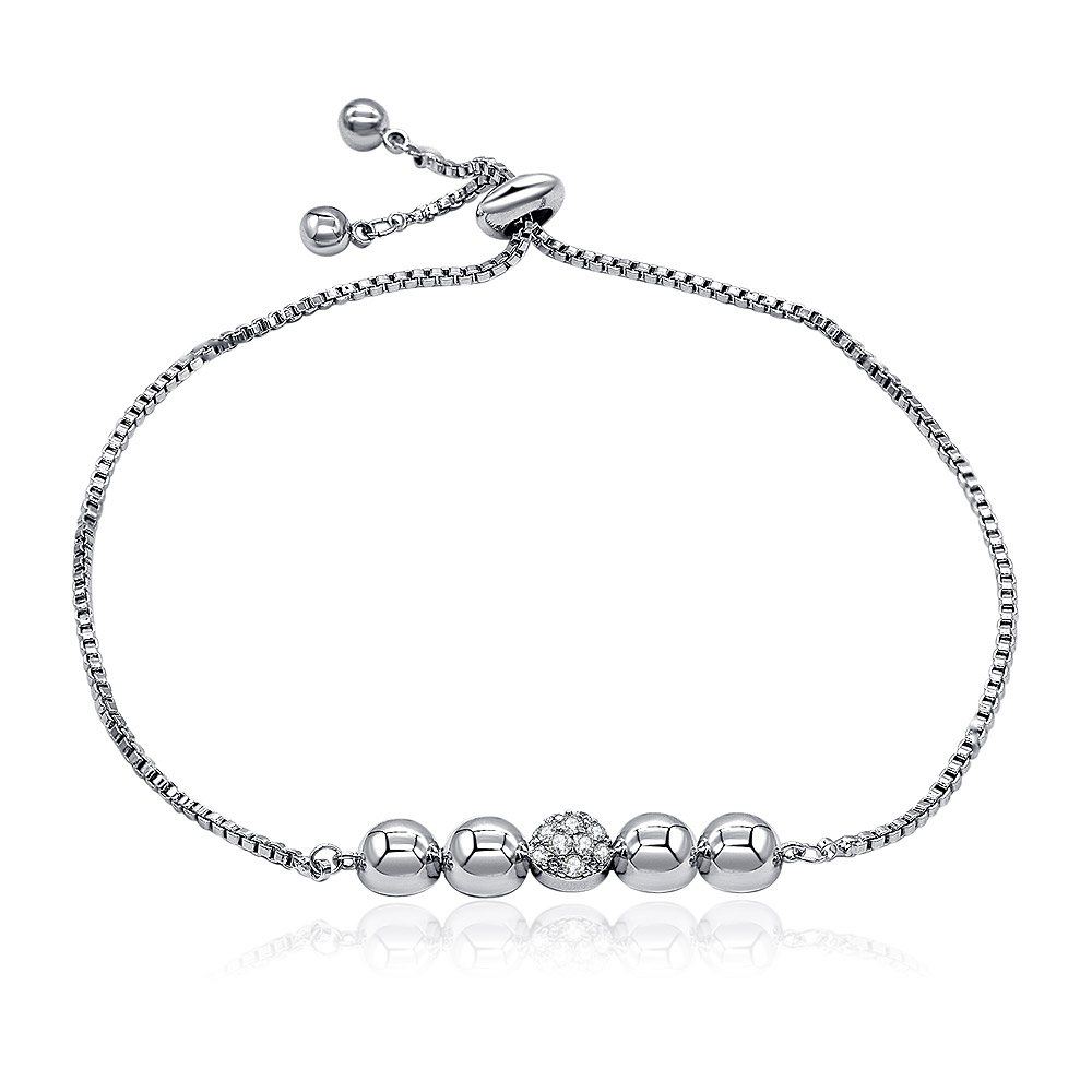 A close-up of the Half Round CZ Bead Charm Adjustable Bracelet, showing the silver-toned metal band and the central textured bead with smaller accent beads.