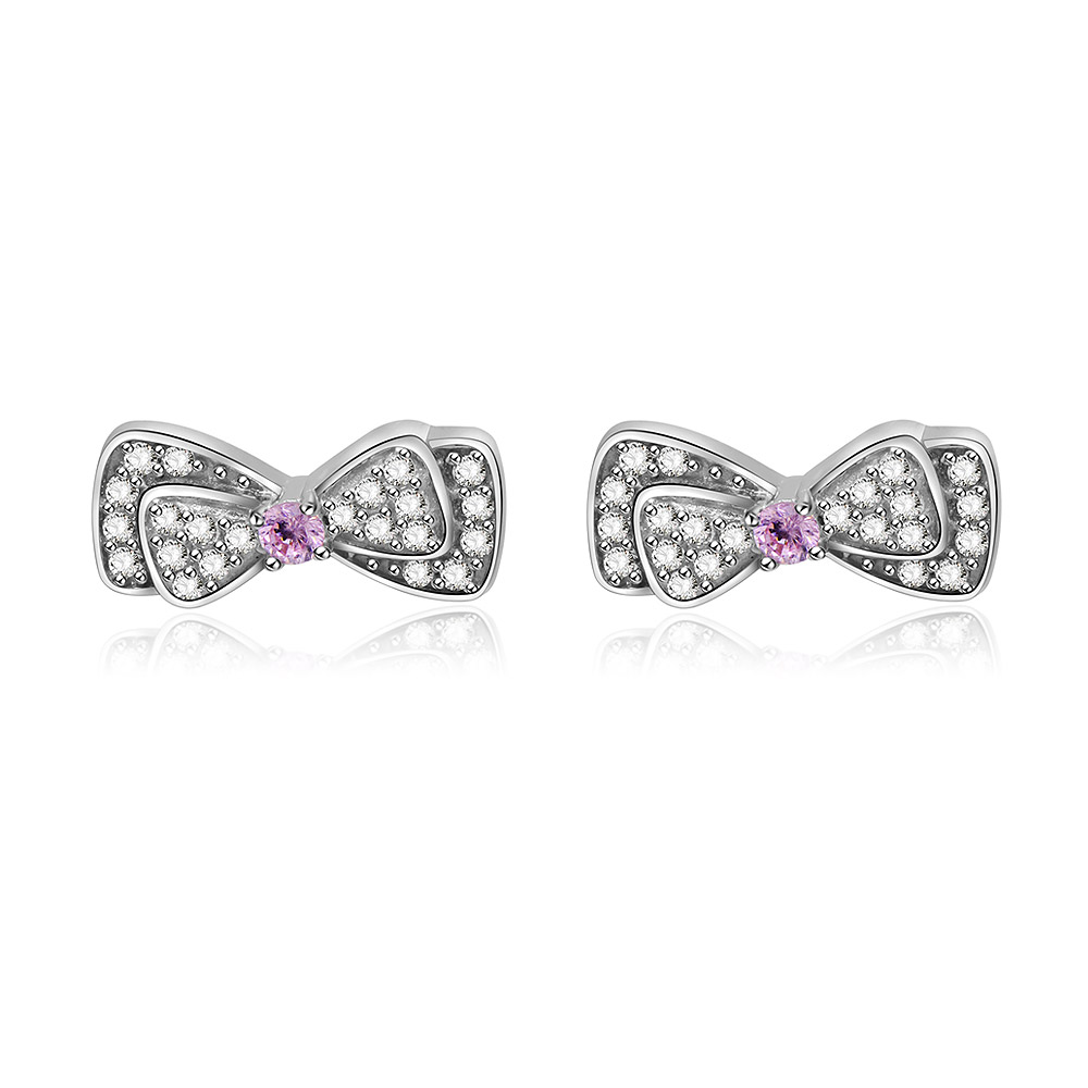 A pair of Mini Silver Bow Stud Earrings in 925 sterling silver, featuring a central pink cubic zirconia and clear crystal accents, on a clean white background.