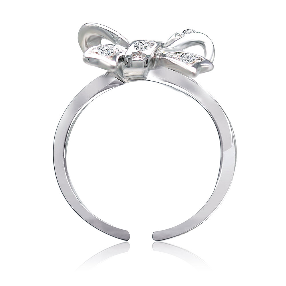Front view of the Neat As A Bow Ring, highlighting the sparkling pave cubic zirconia stones on the bow design and the sleek rhodium-plated band.