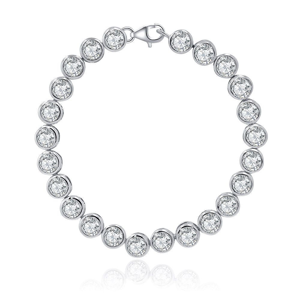 A stunning Bezel Set Cubic Zirconia 5MM Tennis Bracelet, showcasing its brilliant, clear gemstones and high-quality rhodium-plated finish on a white background.