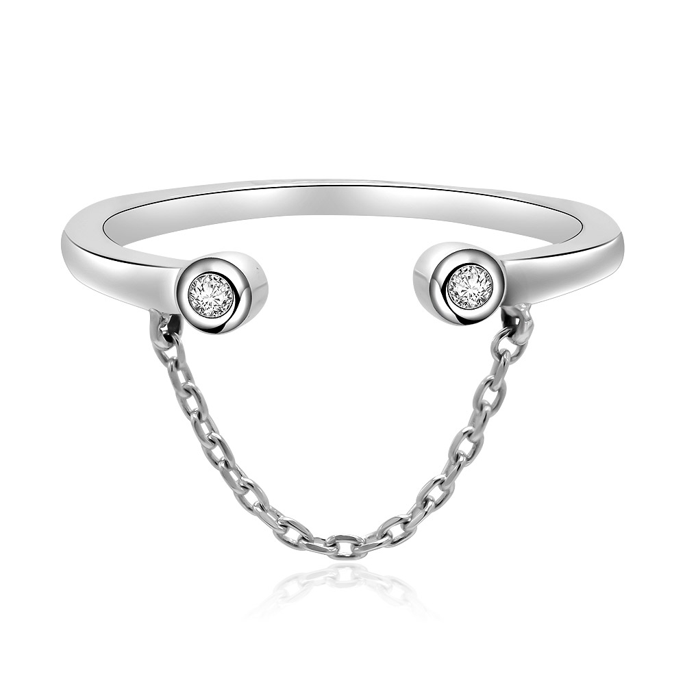 Front view of the CZ Dangling Chain Ring in 925 sterling silver, showcasing the sparkling cubic zirconia and delicate chain detail.