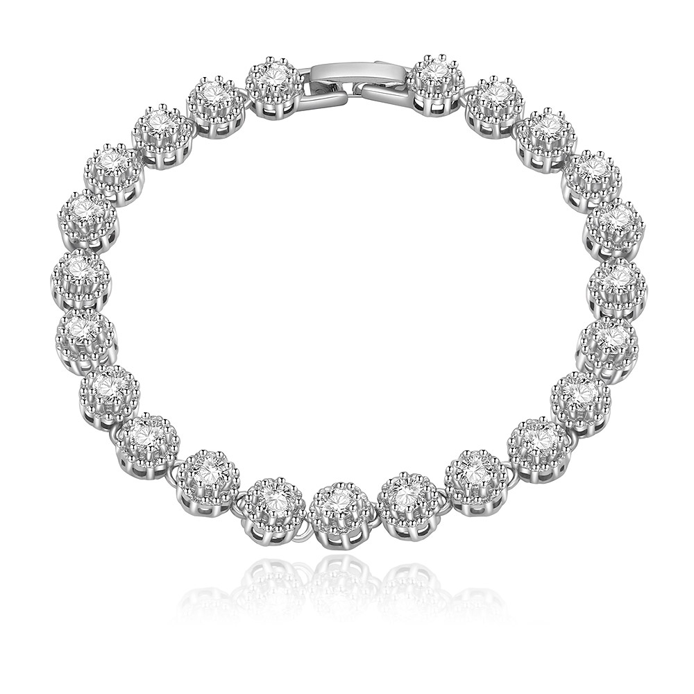 Front view of the Glam It Up Pave CZ Bracelet, showing the rhodium-plated brass band and the line of clear, four-prong set cubic zirconia stones on a white background.