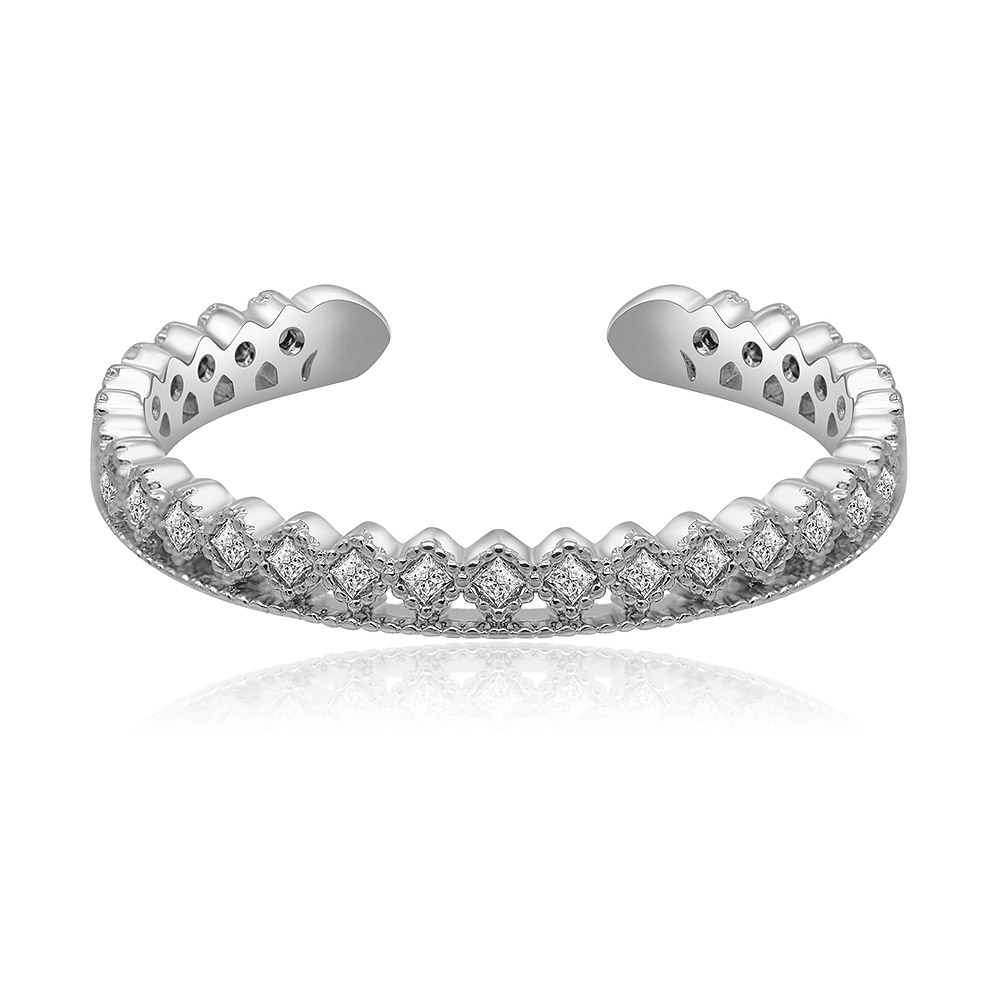 Front view of the Diagonal Design Cubic Zirconia Ring, showcasing its geometric pattern and rhodium-plated finish.