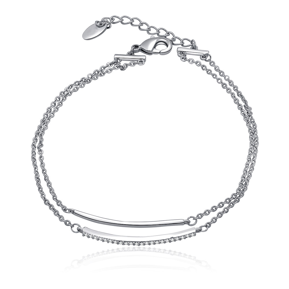 Close-up of the Two CZ Bar Link Chain Bracelet, showing the rhodium-plated brass chain, secure lobster clasp, and the central decorative bar set with sparkling cubic zirconia stones.
