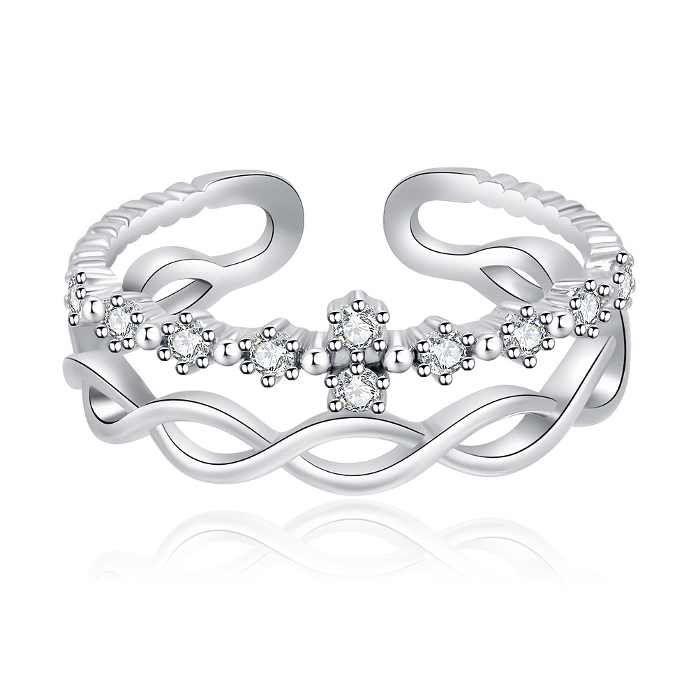 Front view of the Braided Weave Star CZ Ring, showcasing its intertwined rhodium-plated band and sparkling cubic zirconia stones.