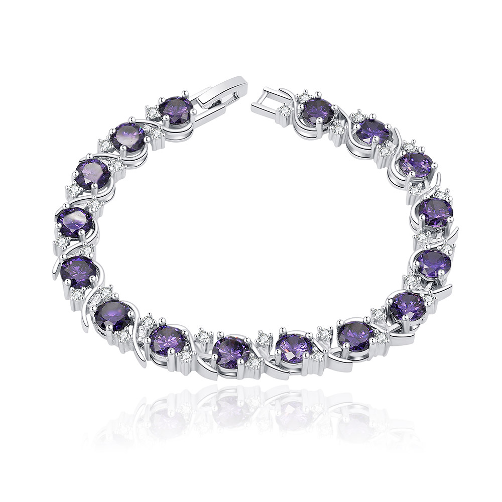 Close-up of the Purple Wave CZ Bracelet, showcasing its rhodium-plated finish with alternating purple and clear cubic zirconia stones.
