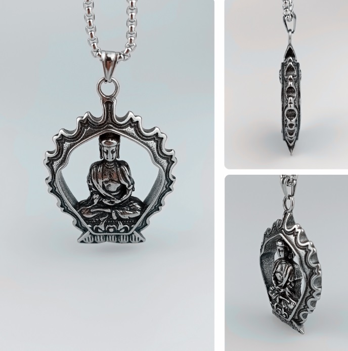 Detailed front view of the custom Guanyin Goddess of Mercy pendant necklace, crafted in polished silver.