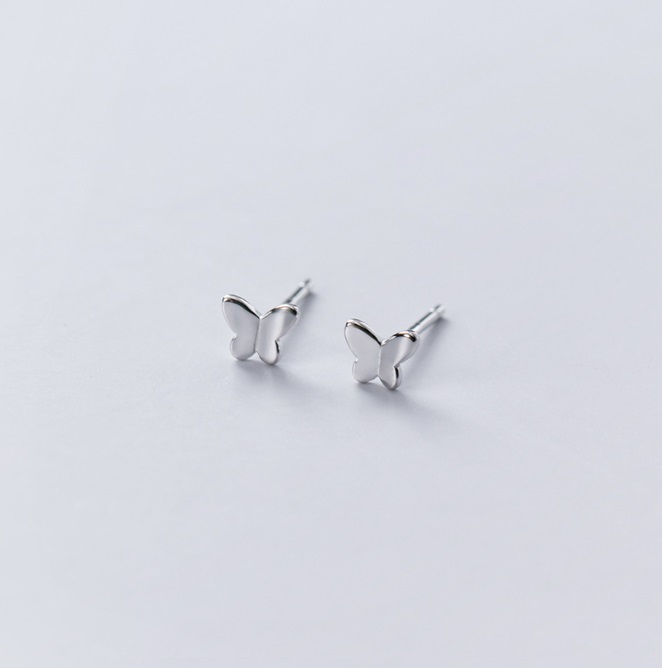 A pair of 925 sterling silver butterfly stud earrings on a white background, showcasing their detailed design.