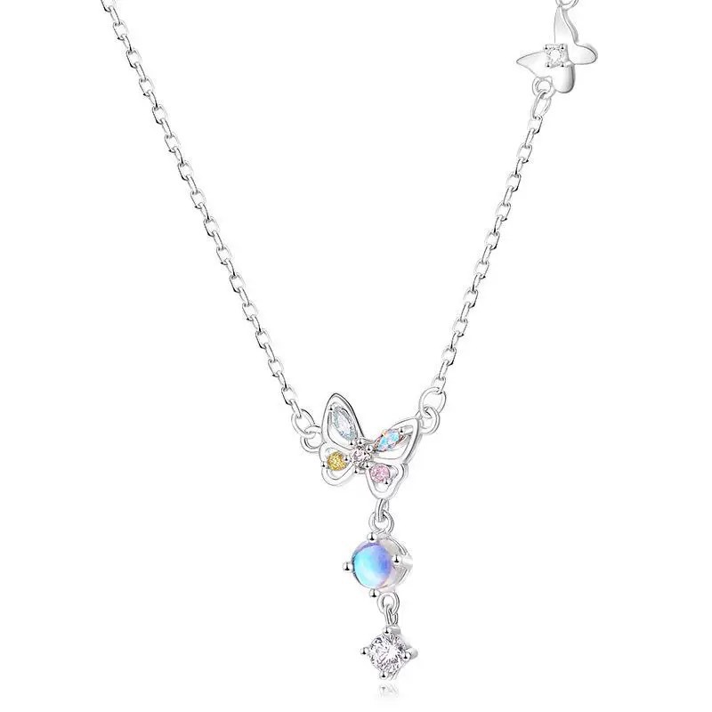 A 925 sterling silver necklace from the Cute CZ Butterfly Necklace Set, featuring a delicate butterfly pendant with sparkling multi-colored cubic zirconia stones on a clean white background. Perfect as a graduation gift.